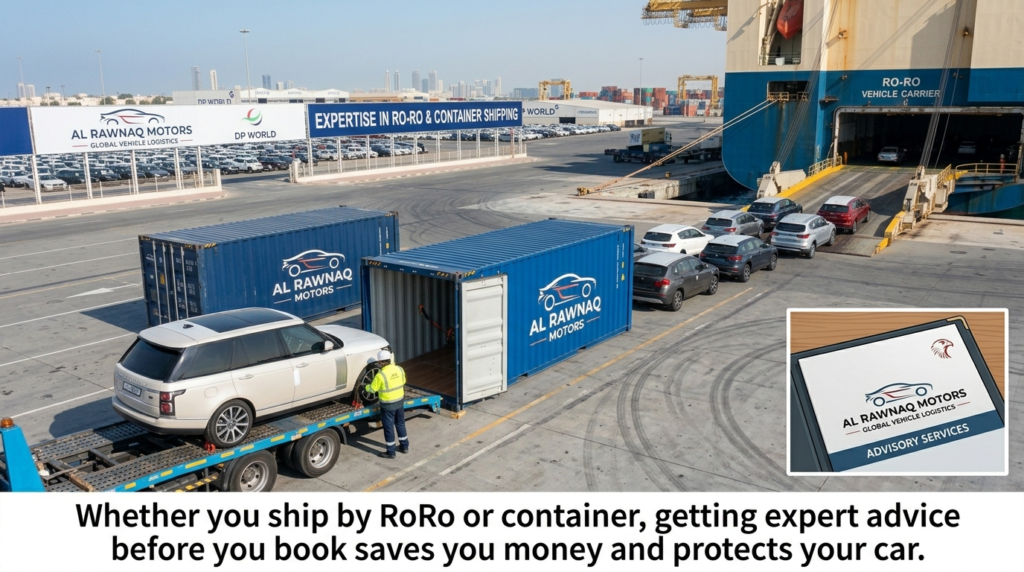 Whether you ship by RoRo or container, getting expert advice before you book saves you money and protects your car.

