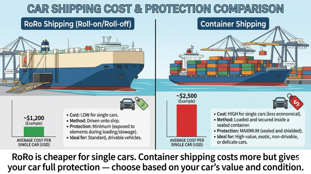 RoRo is cheaper for single cars. Container shipping costs more but gives your car full protection — choose based on your car's value and condition.