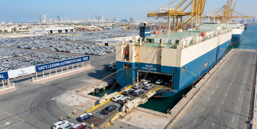 A RoRo vessel being loaded — cars are driven directly onto the ship's deck, no boxes needed.