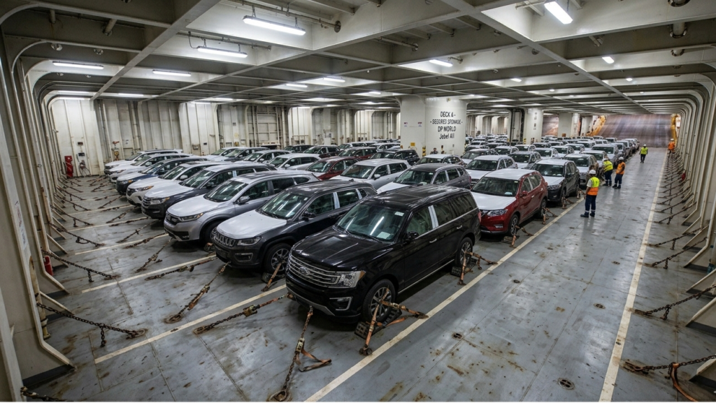 Inside a RoRo vessel — cars are strapped down tightly to stay safe during the entire ocean journey.