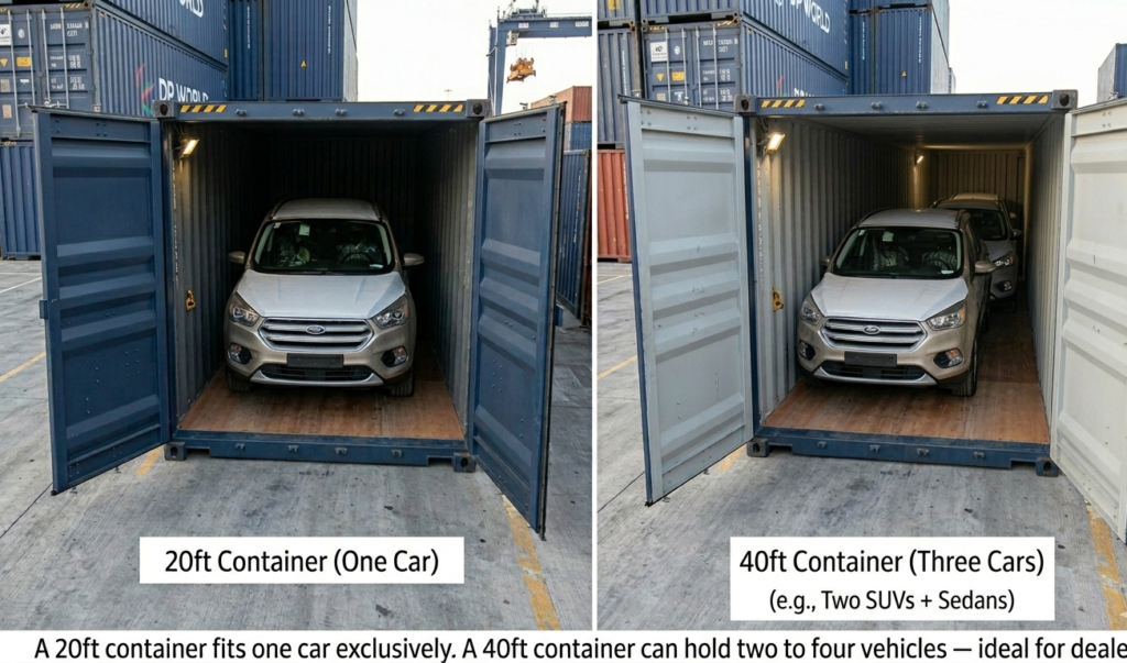 A 20ft container fits one car exclusively. A 40ft container can hold two to four vehicles — ideal for dealers.