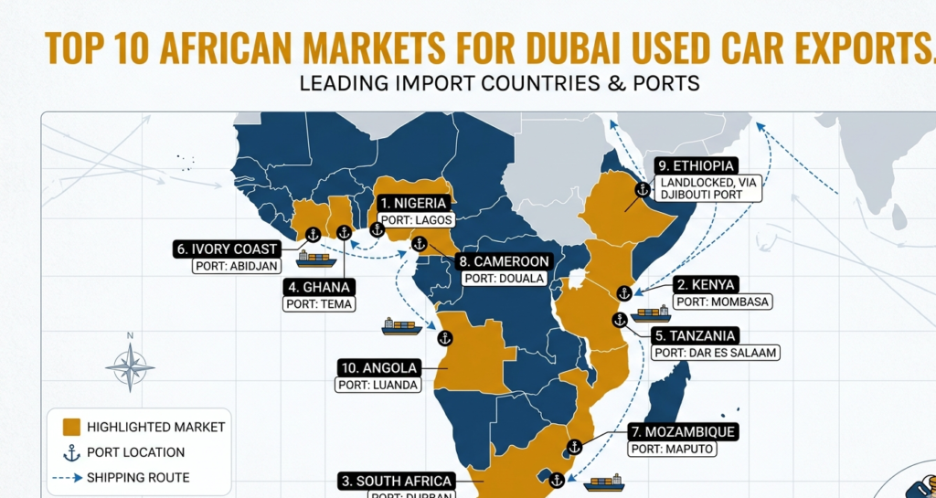 Top 10 African markets for Dubai used car exports map
