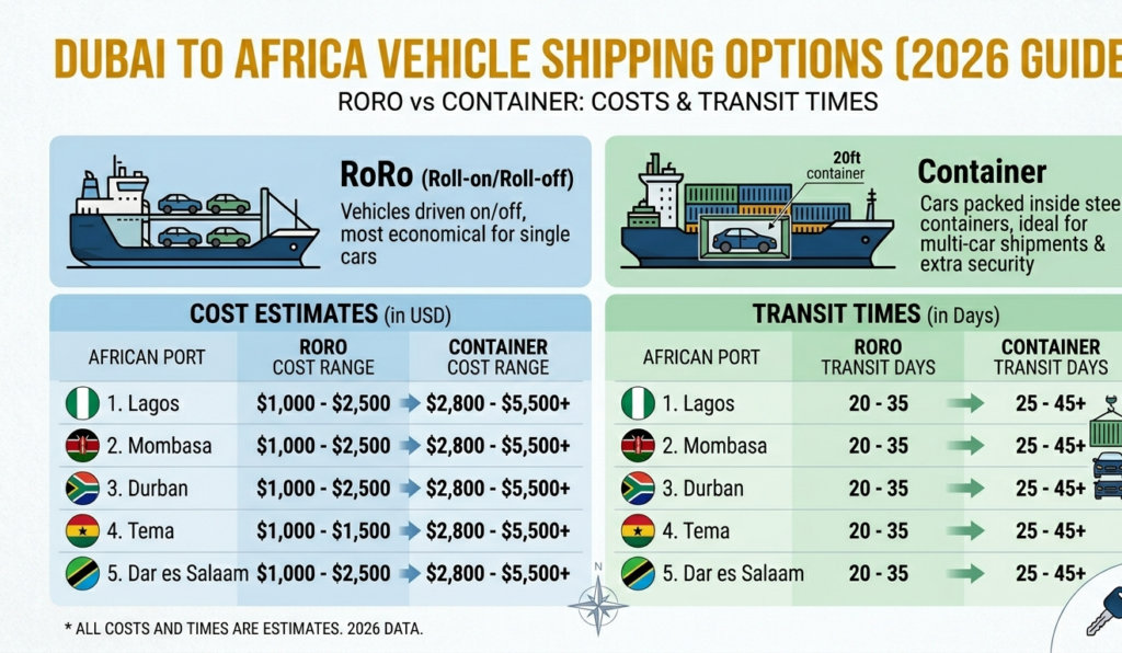 hipping costs Dubai to Africa RoRo vs container 2026
