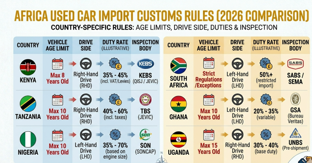  Africa used car import customs rules and age limits comparison table 2026
