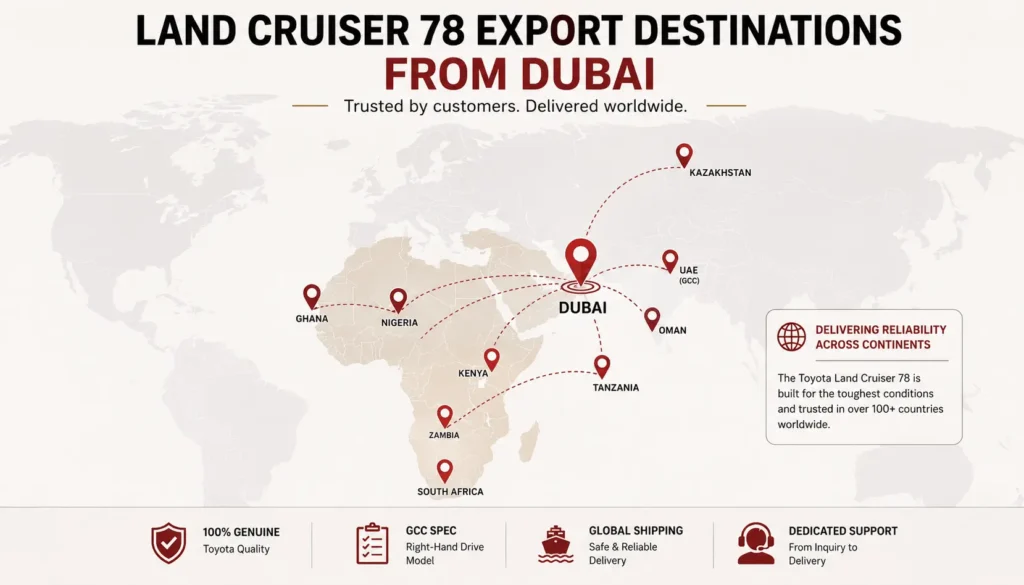 Land Cruiser 78 export destinations from Dubai to Africa, CIS, and GCC
