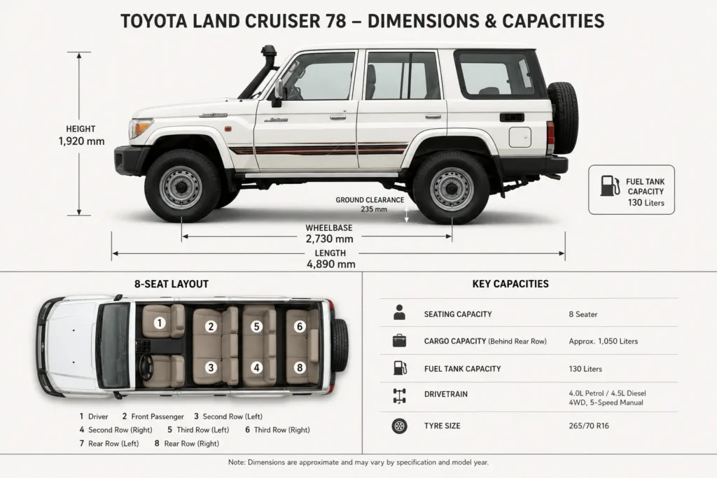 Toyota Land Cruiser 78 dimensions and 8-seat layout
